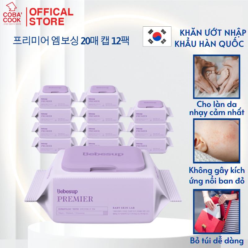 Combo 12 Gói Khăn Ướt Hàn Quốc Bebesup Primier 20 Tờ/ Gói Thương Hiệu Bebesup