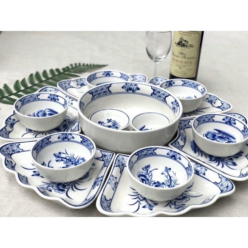 Bộ bát đĩa hoa mặt trời 15 món, họa tiết vẽ thủ công. Gốm sứ Bát Tràng