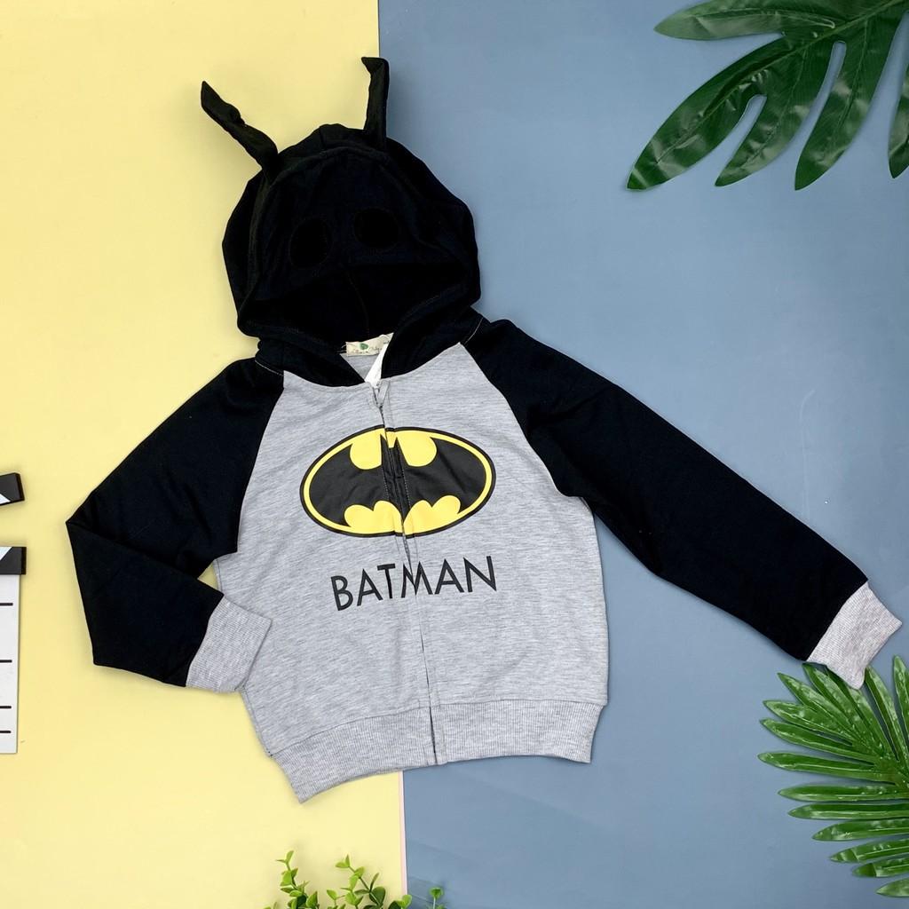 Áo khoác nỉ mũ batman, spiderman size 3/10T. Kéo khóa, có mũ nhìn rất yêu