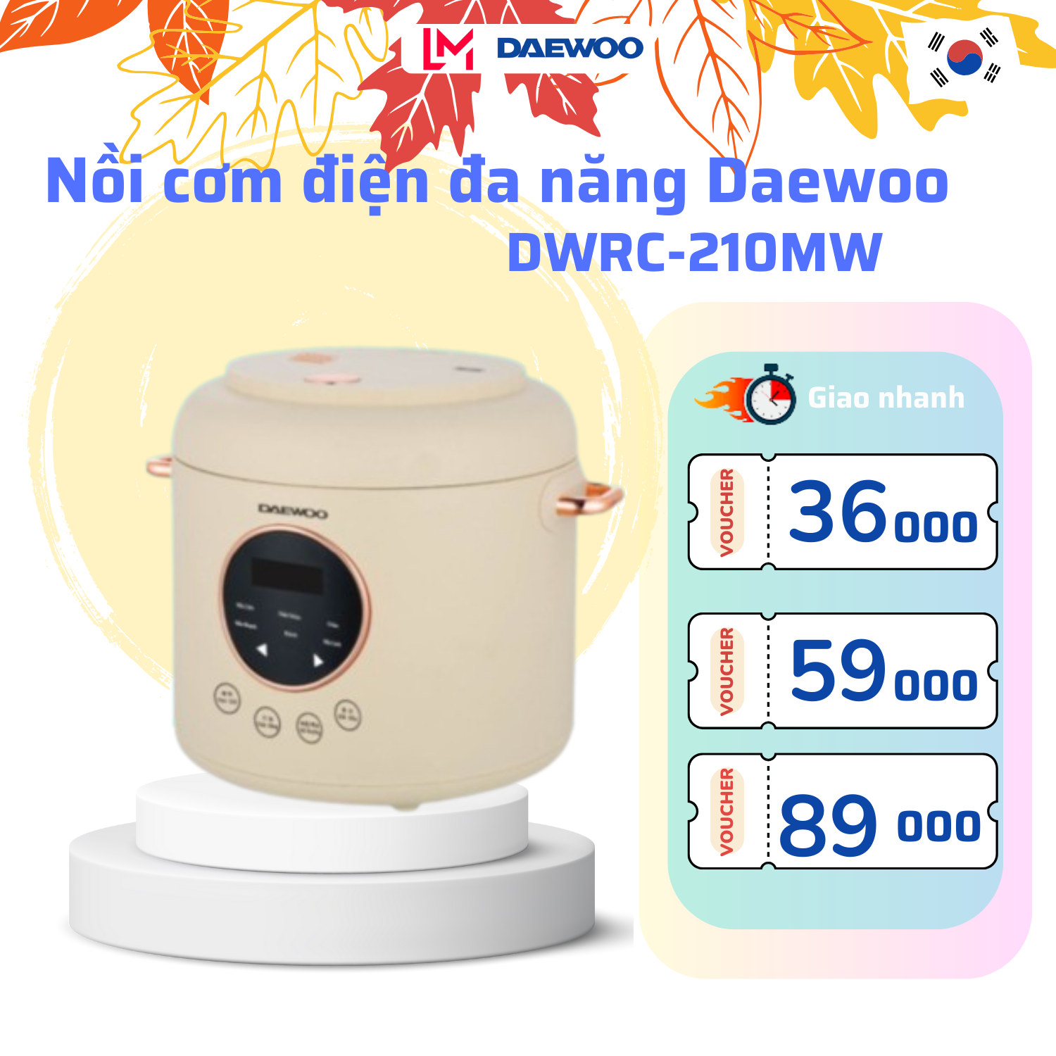 Nồi cơm điện đa chức năng 1L Daewoo DWRC-210MW công suất 400W, bảo hành 12 tháng, hàng chính hãng