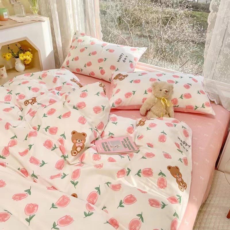Bô Chăn Ga Gối Cotton Living 100%cotton Hàng Nhập Khẩu Cao Cấp 4 Món Hoa Nhí Hồng