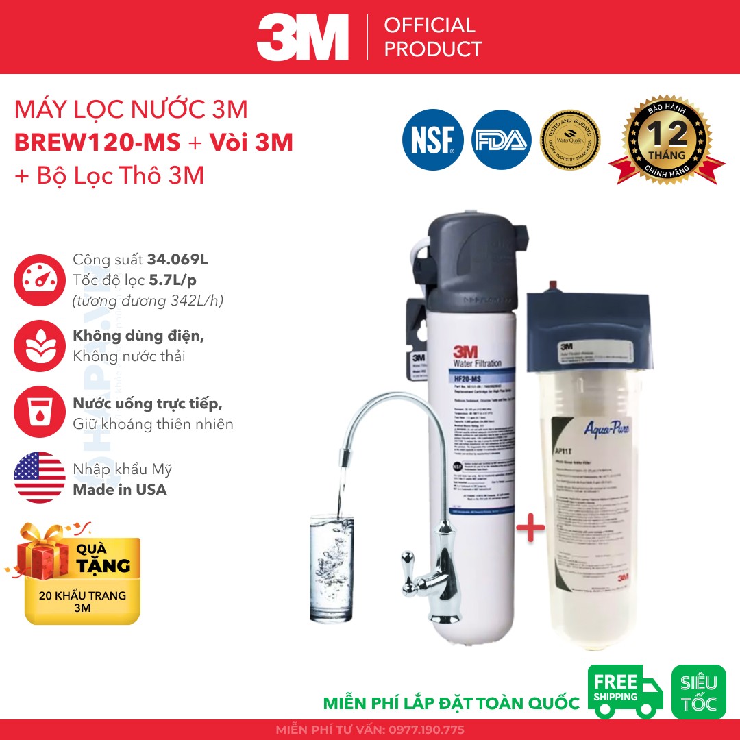 Combo Máy Lọc Nước 3M Brew120 - Ms Chuẩn Nước Khoáng Uống Trực Tiếp Không Dùng Điện - Nhập Khẩu Mỹ, Hàng Chính Hãng 3M - Nhập Khẩu Mỹ - Combo 3M Brew120 - Ms Lọc Thô 3M Ap11T Vòi 3M