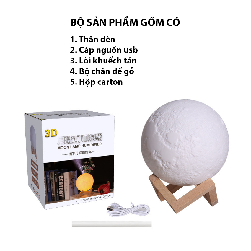 Máy xông tinh dầu phòng ngủ mặt trăng 3D phun sương tạo ẩm, đèn ngủ mặt trăng 3 màu tặng đế gỗ, cáp sạc