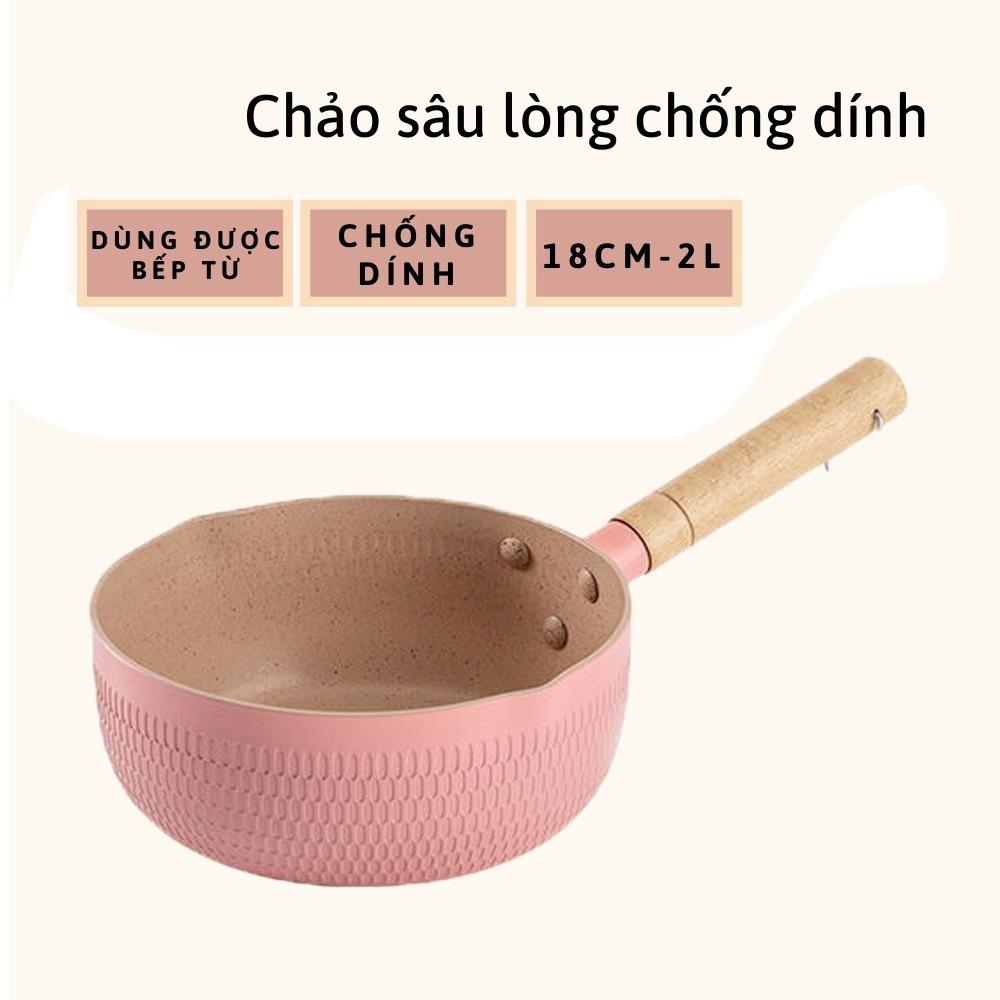 CHẢO SÂU LÒNG CERAMIC LÚA MẠCH  CÓ TAY CẦM CÁN GỖ CHÓNG BỎNG