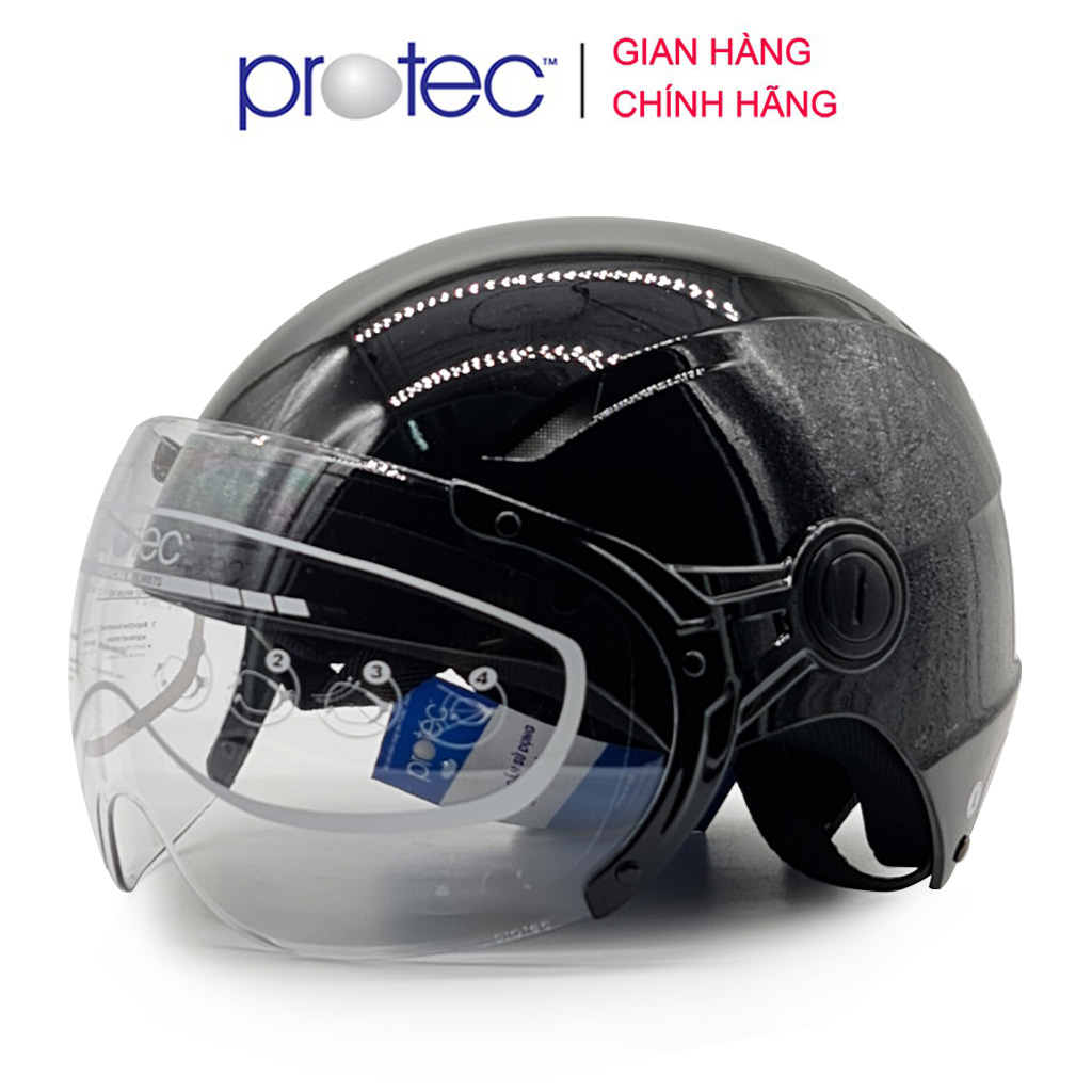 Nón Bảo Hiểm 12 Đầu Có Kính Protec Vic, Size Lớn, Độ Che Phủ Sâu Hơn - Đen Bóng, Xl