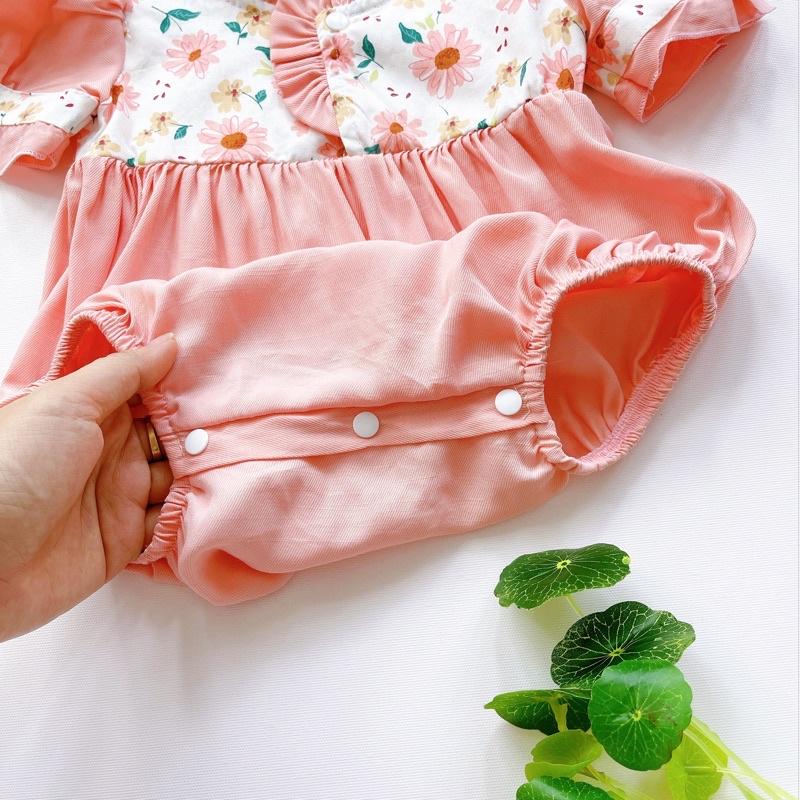 Body Cổ Xếp Li Màu Hồng Bé Gái 3 Đến 12kg, Bodysuit Chất Đũi Lụa Mềm Mát