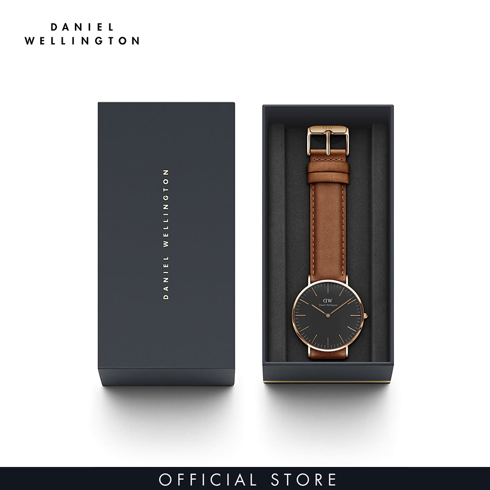 Đồng hồ Nam, Nữ Daniel Wellington dây da - Classic Durham mặt đen - vỏ vàng hồng