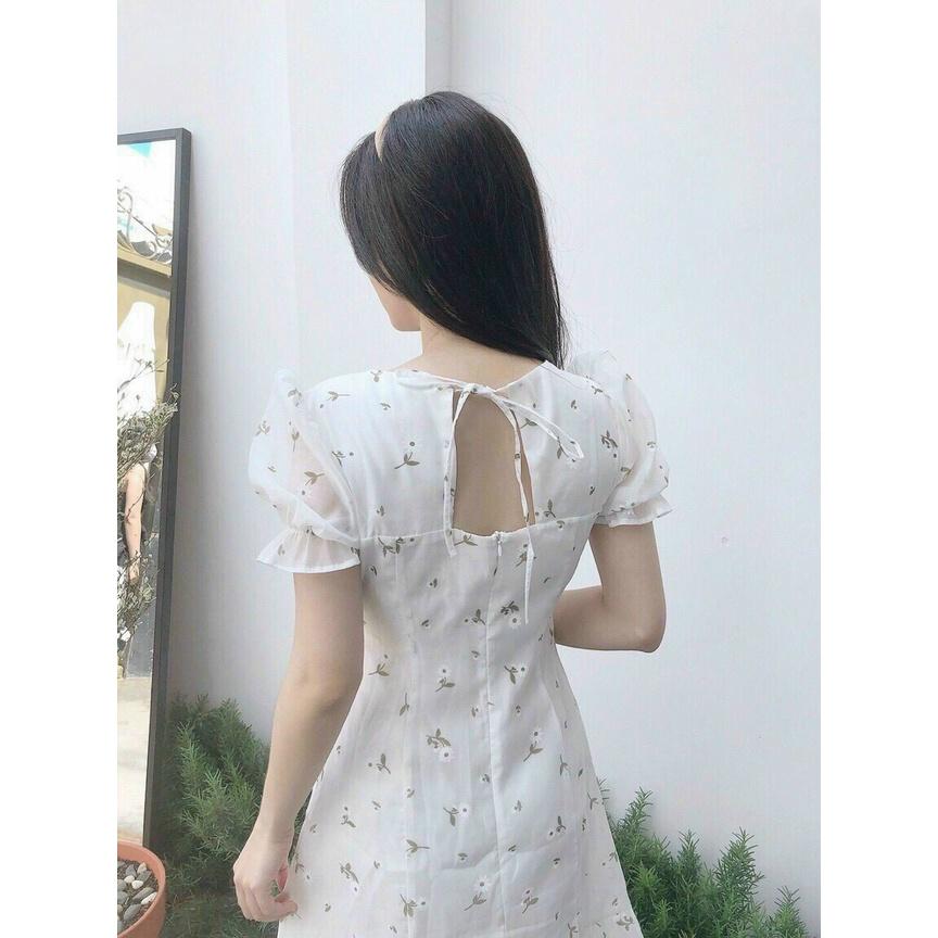 Đầm hoa nhí trắng nơ lưng, Váy hoa nhí cổ tim vải hoa mát mẻ Cao Cấp dáng xòe tay ngắn cổ V MiNhi