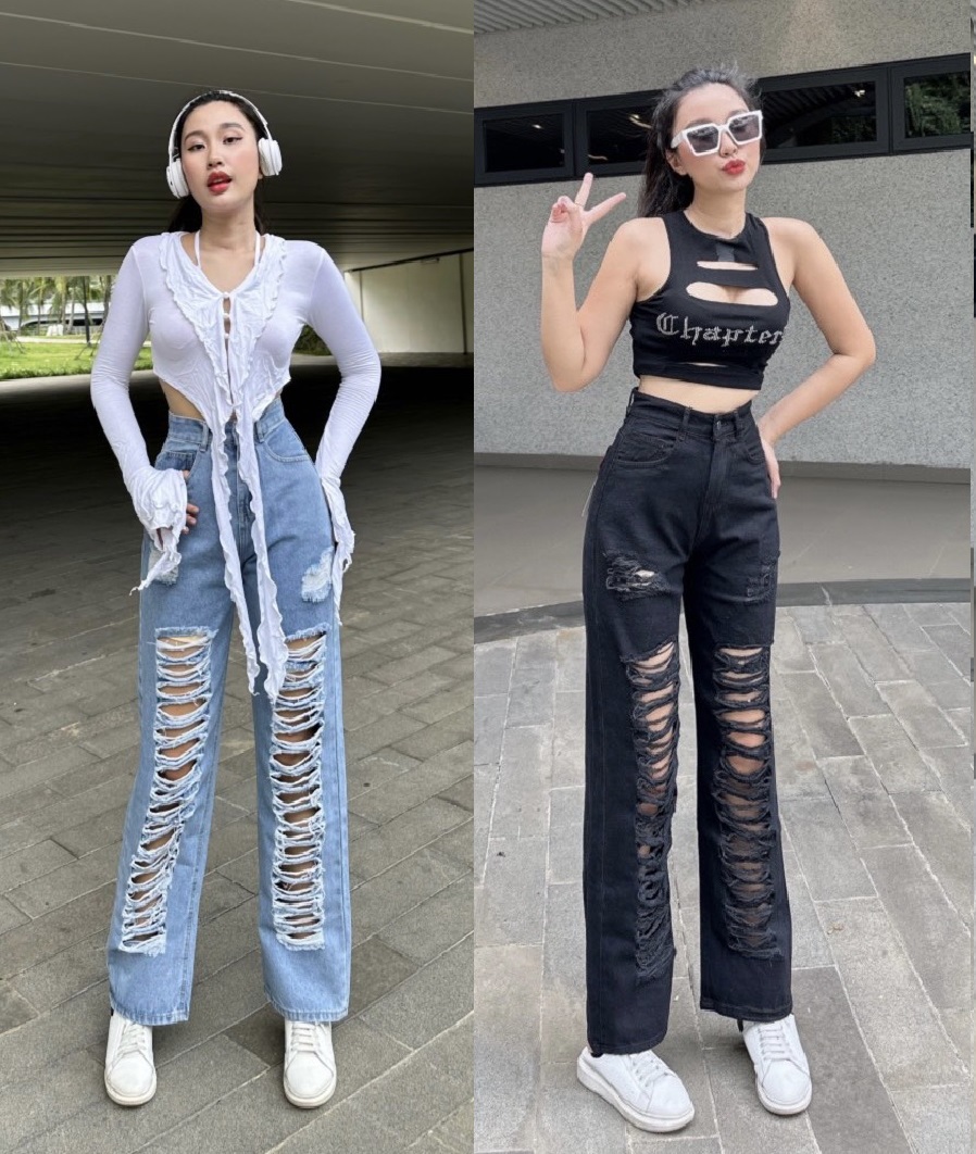 Quần Baggy Jean Nữ Lưng Cao Rách Kiểu Màu Xanh Jean