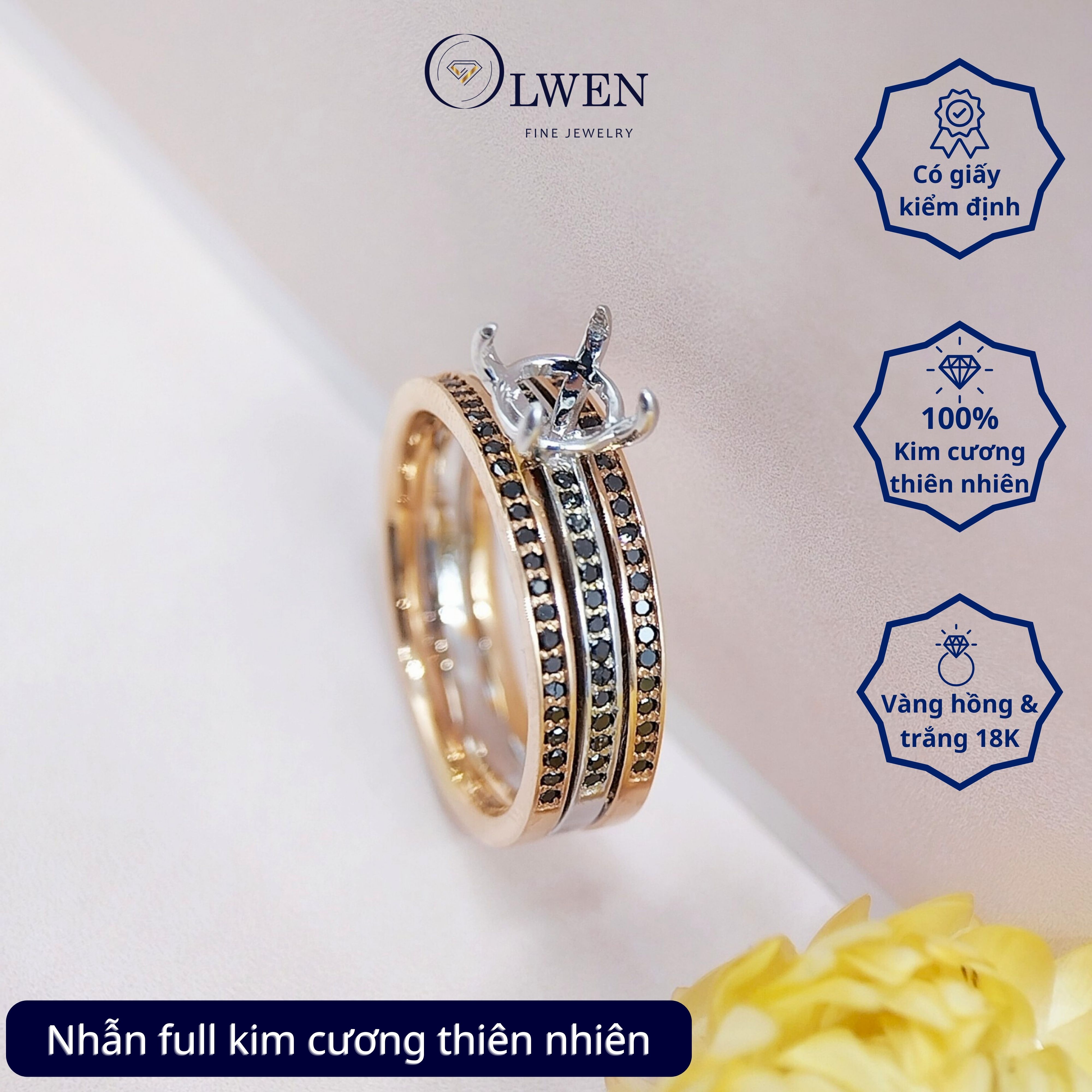 Vỏ nhẫn vàng trắng và vàng hồng, kim cương đen 18K Olwen