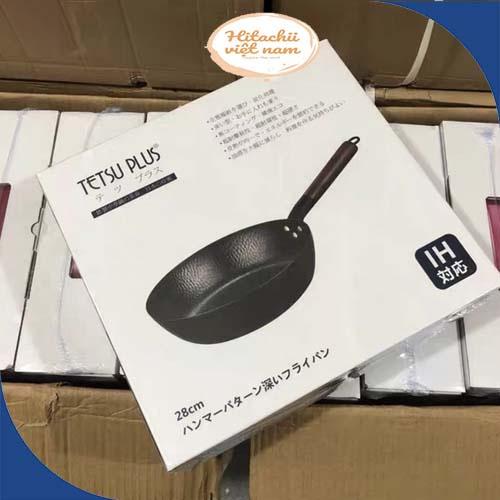 Chảo chống dính bếp từ chất liệu gang đường kính 28cm, Chảo Thép Rèn Vân Búa Chống Dính Tay Cầm Gỗ Kiểu Nhật Sâu Lòng