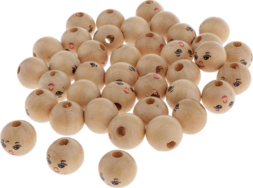Set 40 Hạt Gỗ Tròn In Mặt Búp Bê Dùng Làm Trang Sức Độc Đáo