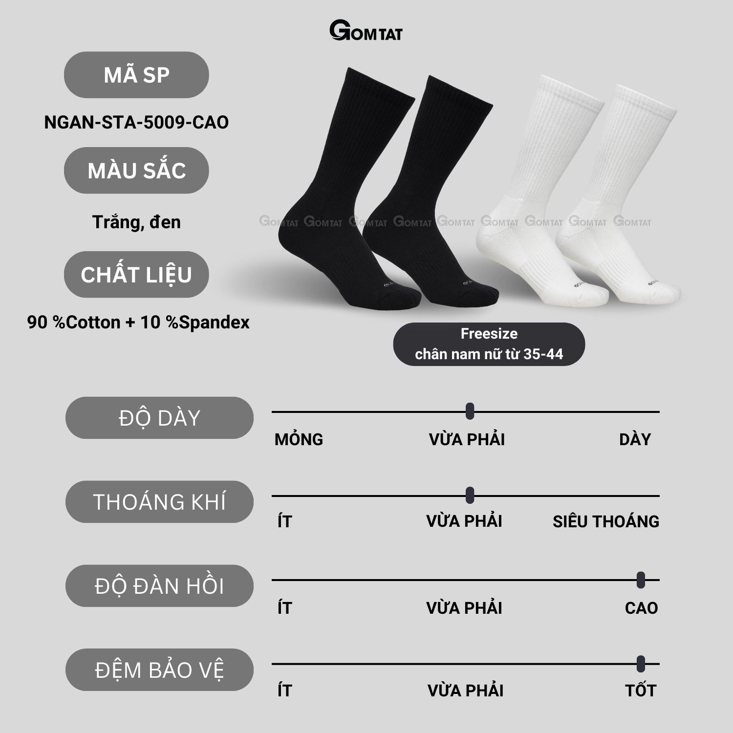 Combo 5 đôi tất nam nữ cổ cao GOMTAT, có đệm xù mềm mại êm chân, chất liệu cotton khử mùi - NGAN-STA-5009-CAO-CB5