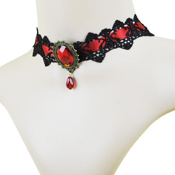 2-4pack Fashion Red Gem Pendant Lace Collar Necklace Choker Chunky Red Black