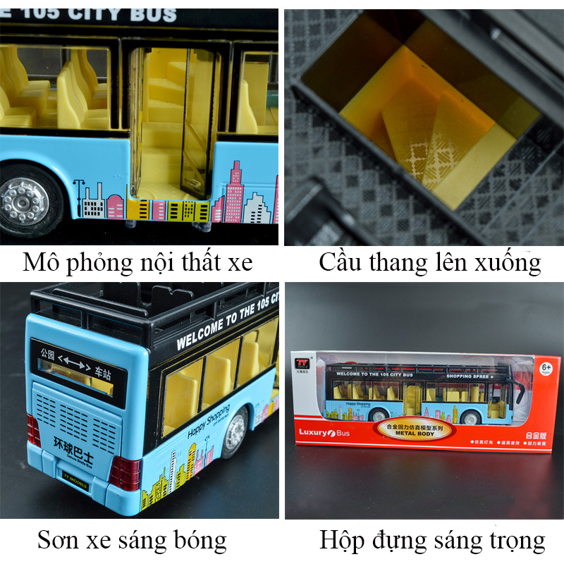 Đồ chơi mô hình xe bus 2 tầng mui trần KAVY có nhạc và đèn chạy cót bằng kim loại bền bỉ, xe thăm quan du lịch thành phố