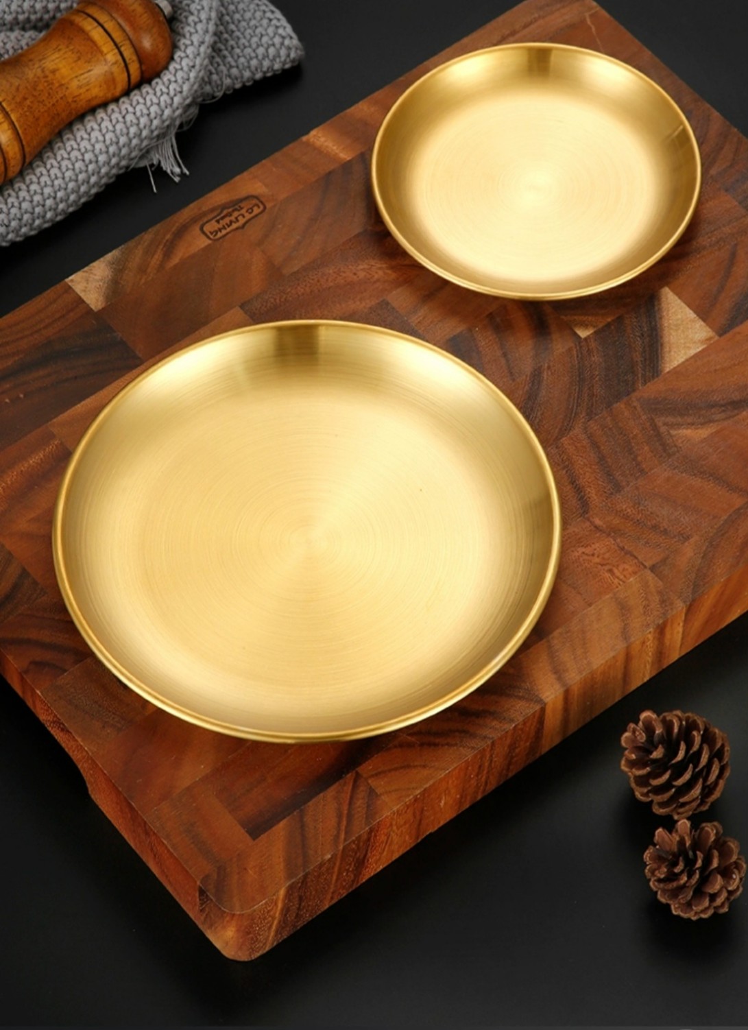 Set 5 đĩa tròn inox Hàn dày dặn - Đĩa mạ vàng không han rỉ, đựng trái cây, đồ ăn cực đẹp