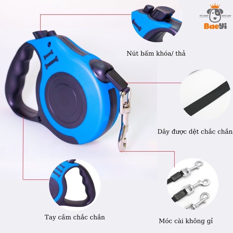 Dây dắt tự động cho chó mèo, dây dắt thiết kế tự thu dây tiện lợi khi sử dụng