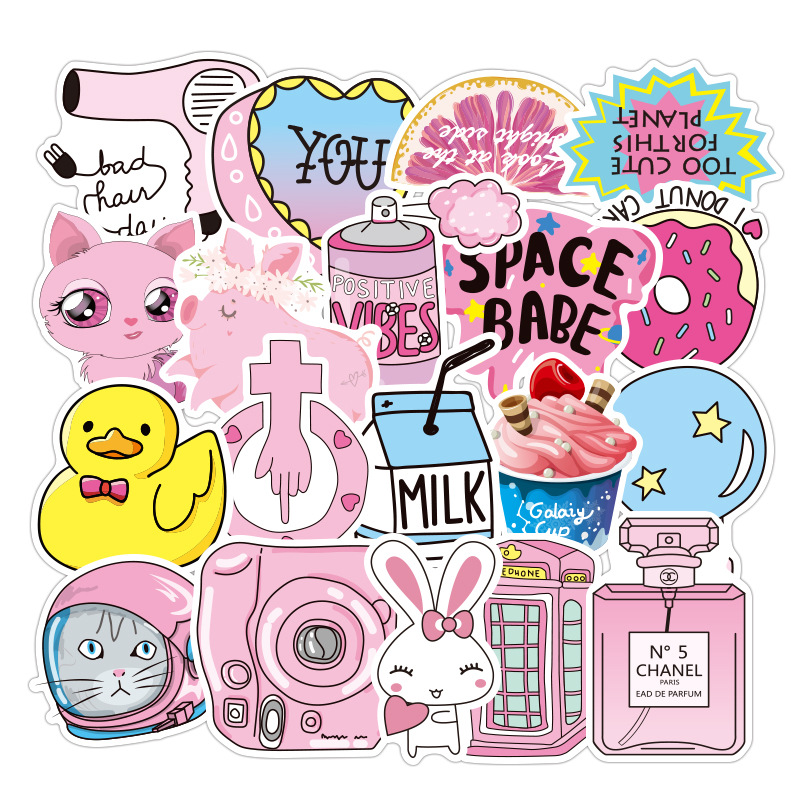 Set 60 sticker pink chủ đề màu hồng có ép lụa