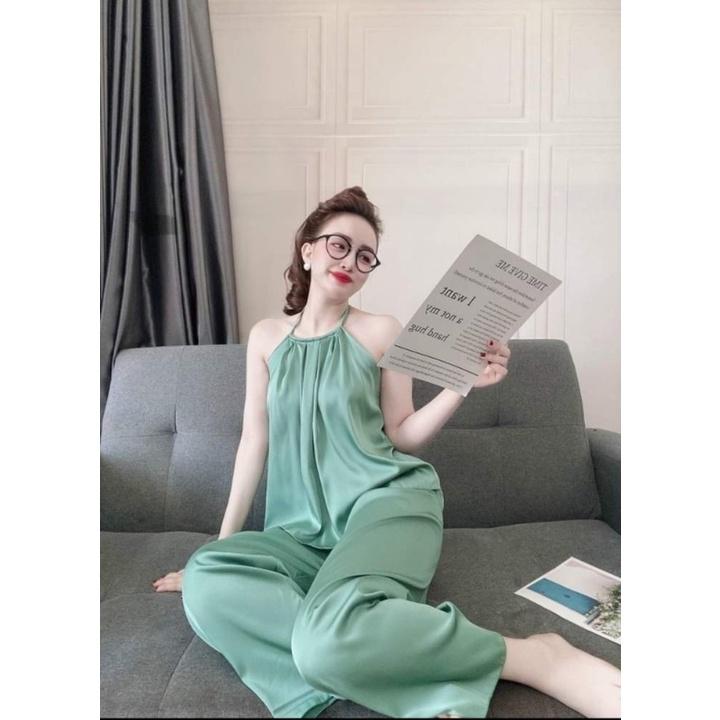 Set bộ quần áo mùa hè, đồ bộ ngủ nữ cổ yếm hở lưng quần dài vải satin