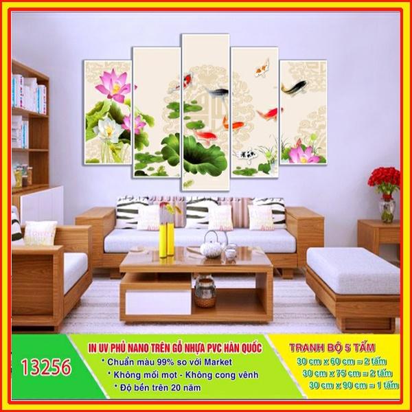 Tranh Treo Tường Phong Thủy - Tranh Cá Chép Hoa Sen Bộ 5 Tấm Ghép Hiện Đại