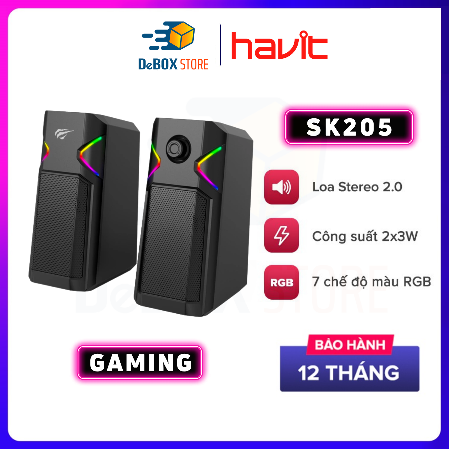 Loa Gaming RGB HAVIT SK205, Âm Thanh Stereo 2.0, Màu RGB Năng Động, Cống Suất 2x3W - Hàng Chính Hãng