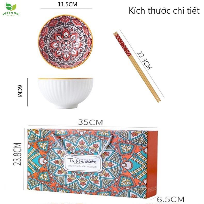 Bộ 6 bát ăn bằng gốm và 6 đôi đũa bằng gỗ