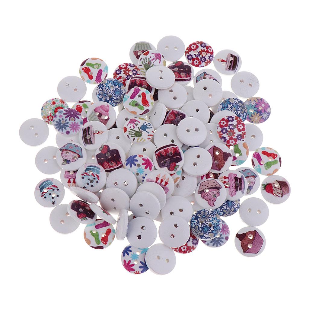 100pcs Flower Printed Wooden Buttons 2 Holes 15mm DIY Clothing Scrapbook Crafts