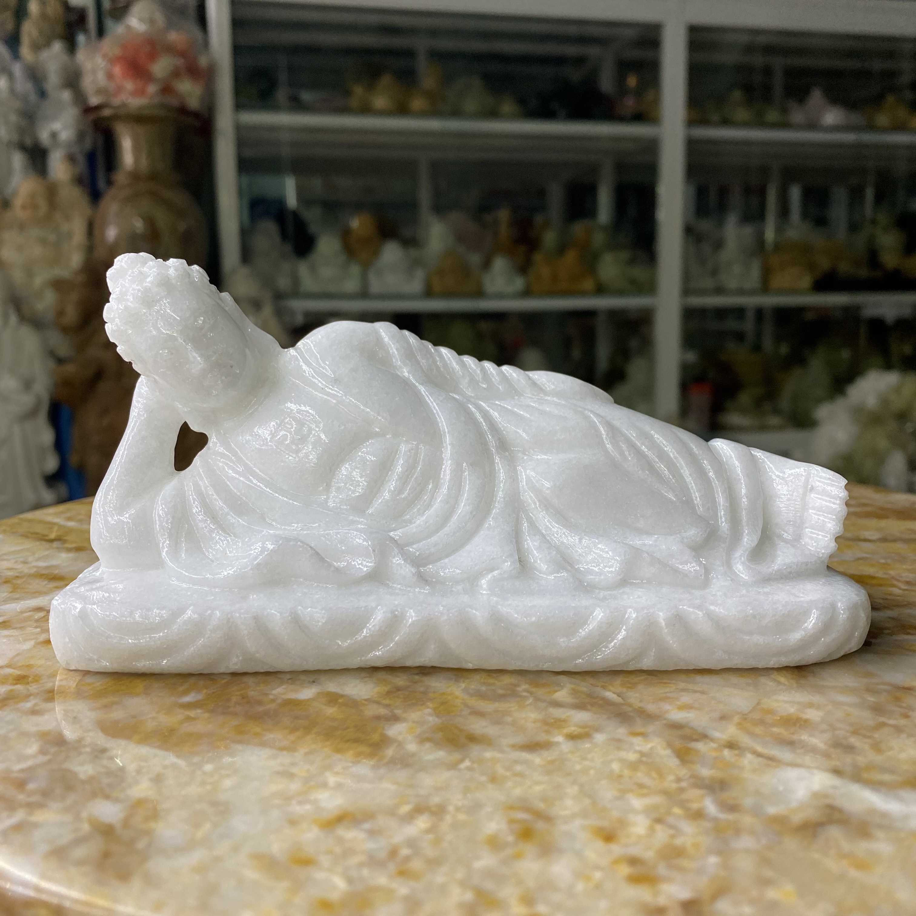 Tượng Phật Nhập Niết Bàn Đá Cẩm Thạch Trắng - ngang 15.5cm