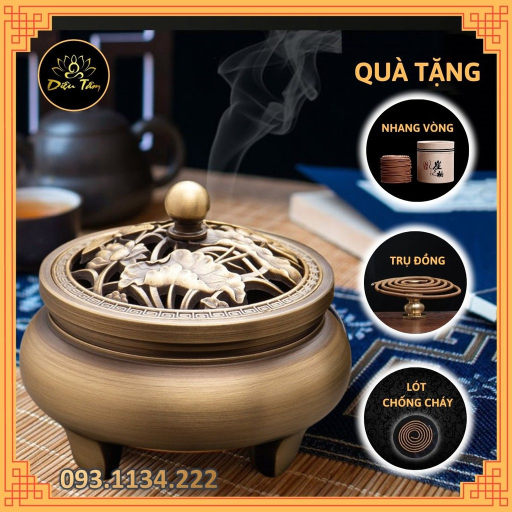 Lư đồng xông trầm đốt trầm thay cho lư điện - lư đốt trầm hương đồng nguyên khối tặng hồ lô đồng và lót chống cháy