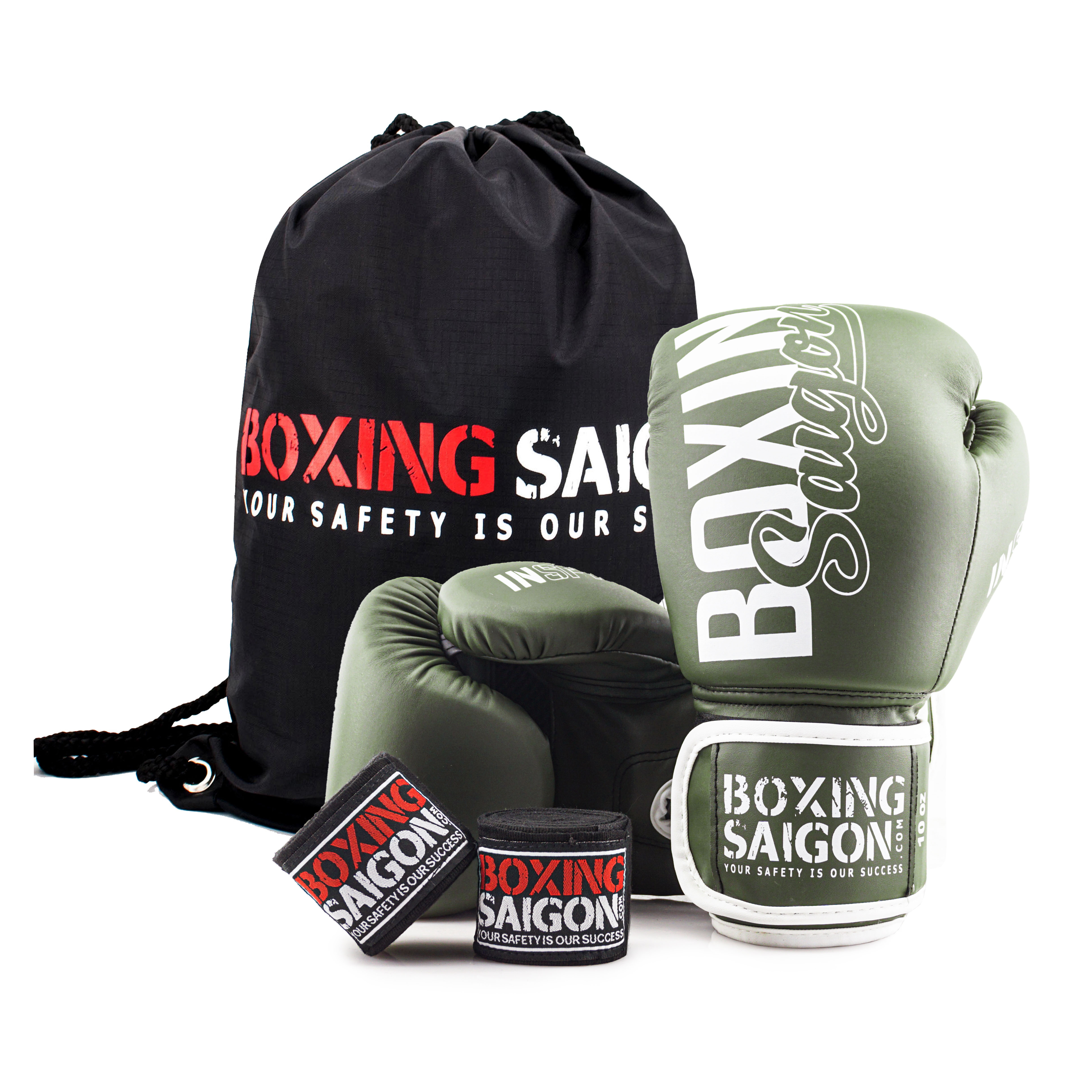 Combo Găng Tay Boxing Saigon + Băng Tay 4m5 (tặng túi rút) - Xanh rêu