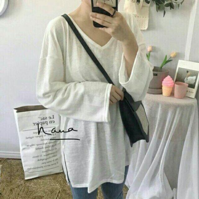 Áo thun tay dài cổ tim xẻ tà có bigsize