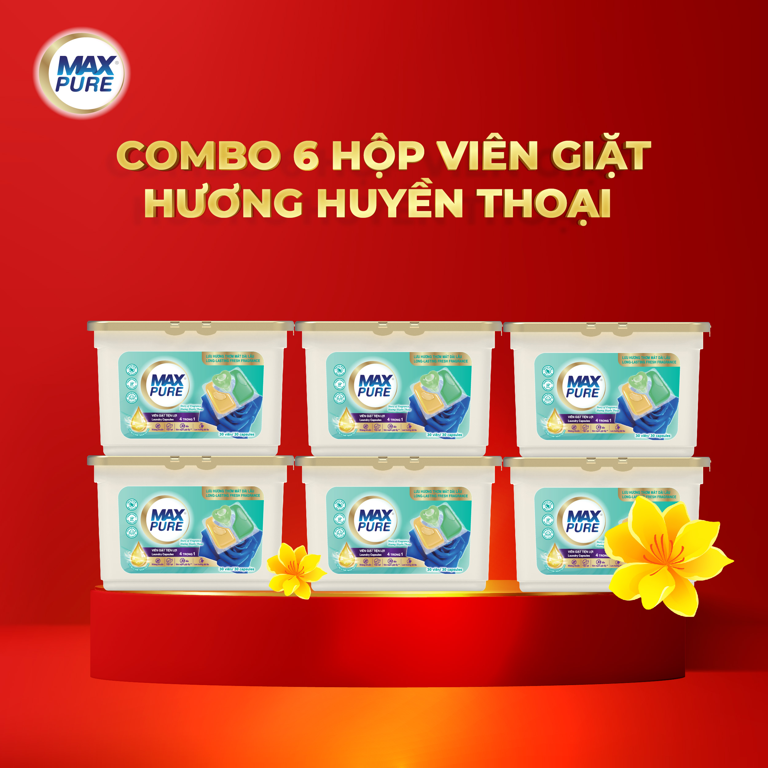 Combo 6 Hộp Viên Giặt Tiện Lợi Max Pure 4in1 Hương Huyền Thoại (30 viên/hộp)