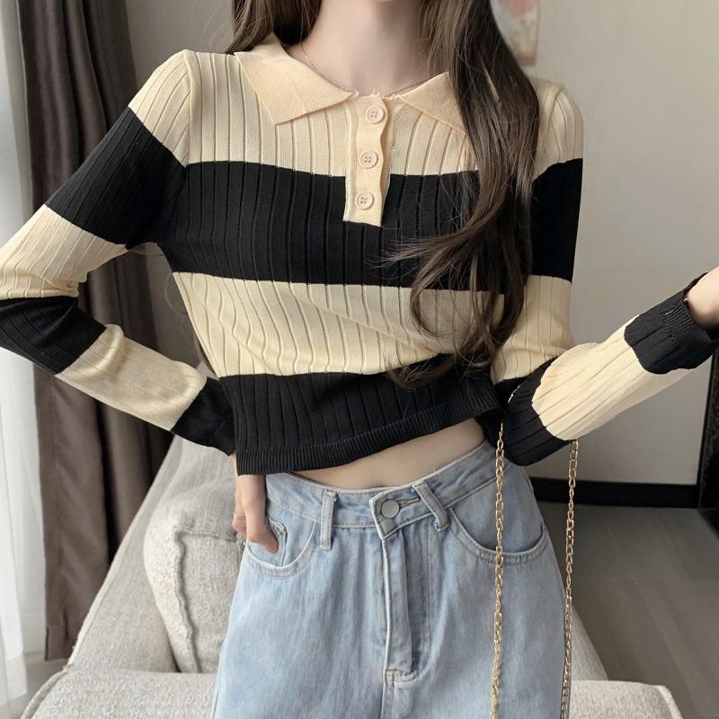 Áo Sweater Dệt Kim Tay Dài Phối Màu Tương Phản Dễ Phối Đồ Cho Nữ