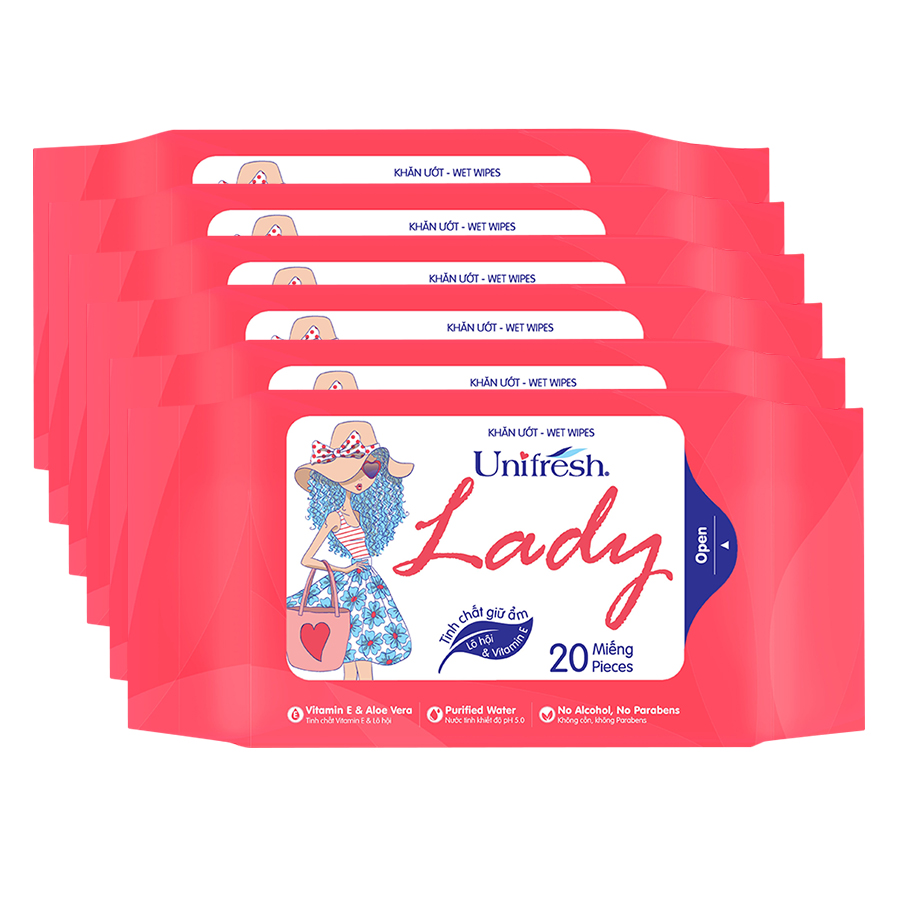Combo 6 gói Khăn ướt Unifresh Lady màu hồng