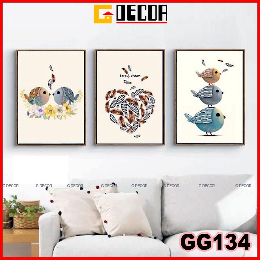 Tranh treo tường canvas 3 bức phong cách hiện đại Bắc Âu 134, tranh chim trang trí phòng khách, phòng ngủ, phòng ăn,spa