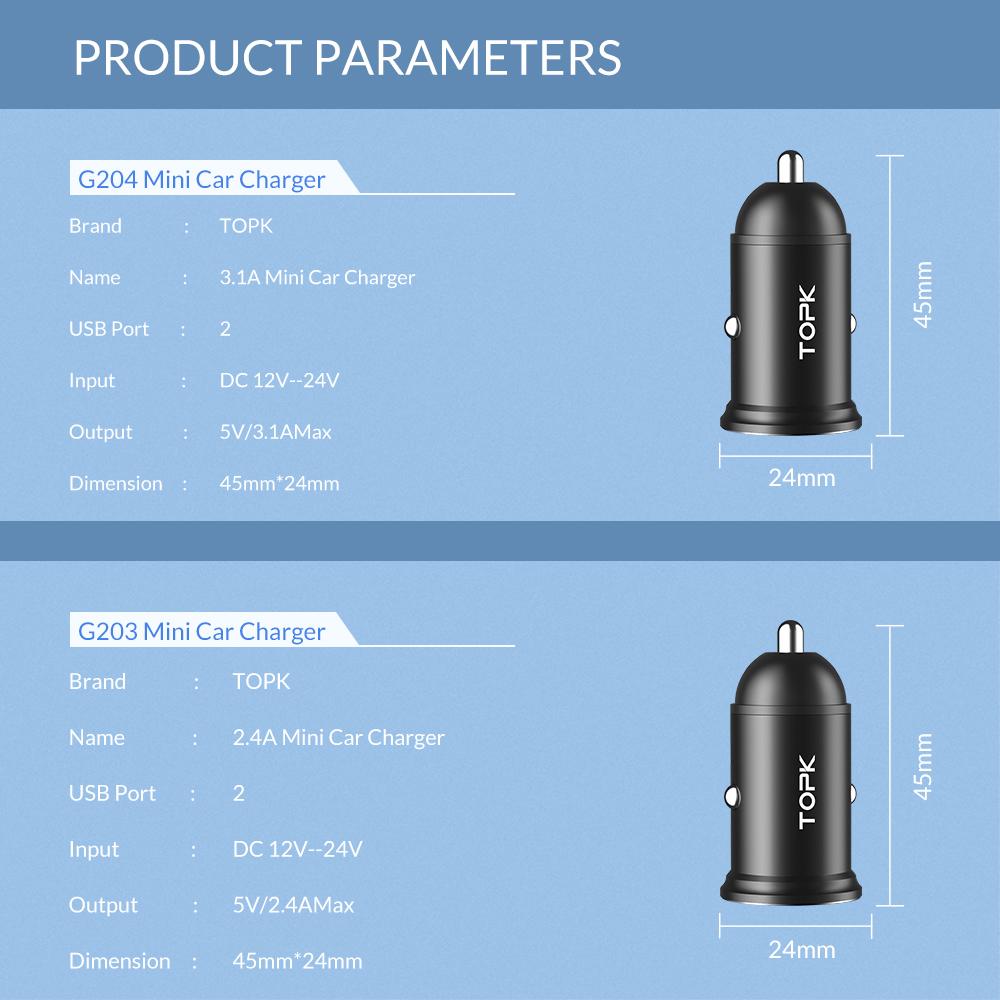 Tẩu sạc xe hơi mini TOPK G204 hai cổng USB, 3.1A sạc nhanh cho điện thoại, máy tính bảng - Hàng nhập khẩu chính hãng