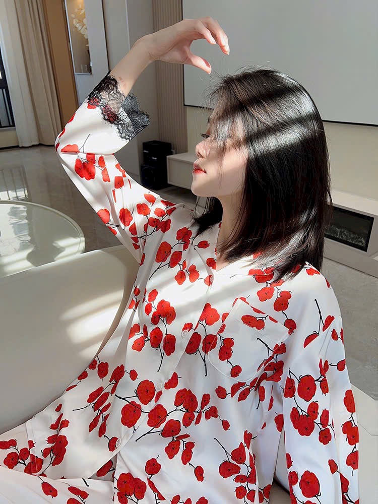 Bộ Đồ Ngủ B847 Lụa Quảng Châu Tay Dài Quần Dài Cao Cấp Mẫu Hoa Tết Viền Ren