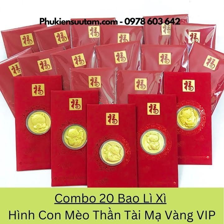 Combo 20 Bao Lì Xì Hình Con Mèo Thần Tài Mạ Vàng VIP, kích thước: 17cmx8cm, màu đỏ - SP005925