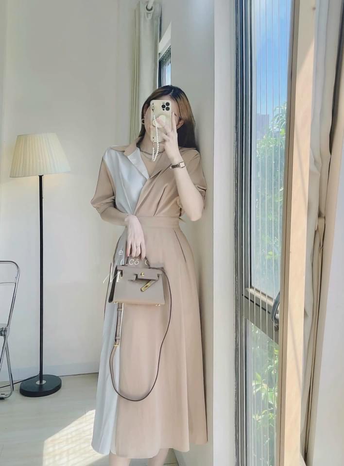 Váy phối 2 màu đai eo tay bồng cho nữ DN516