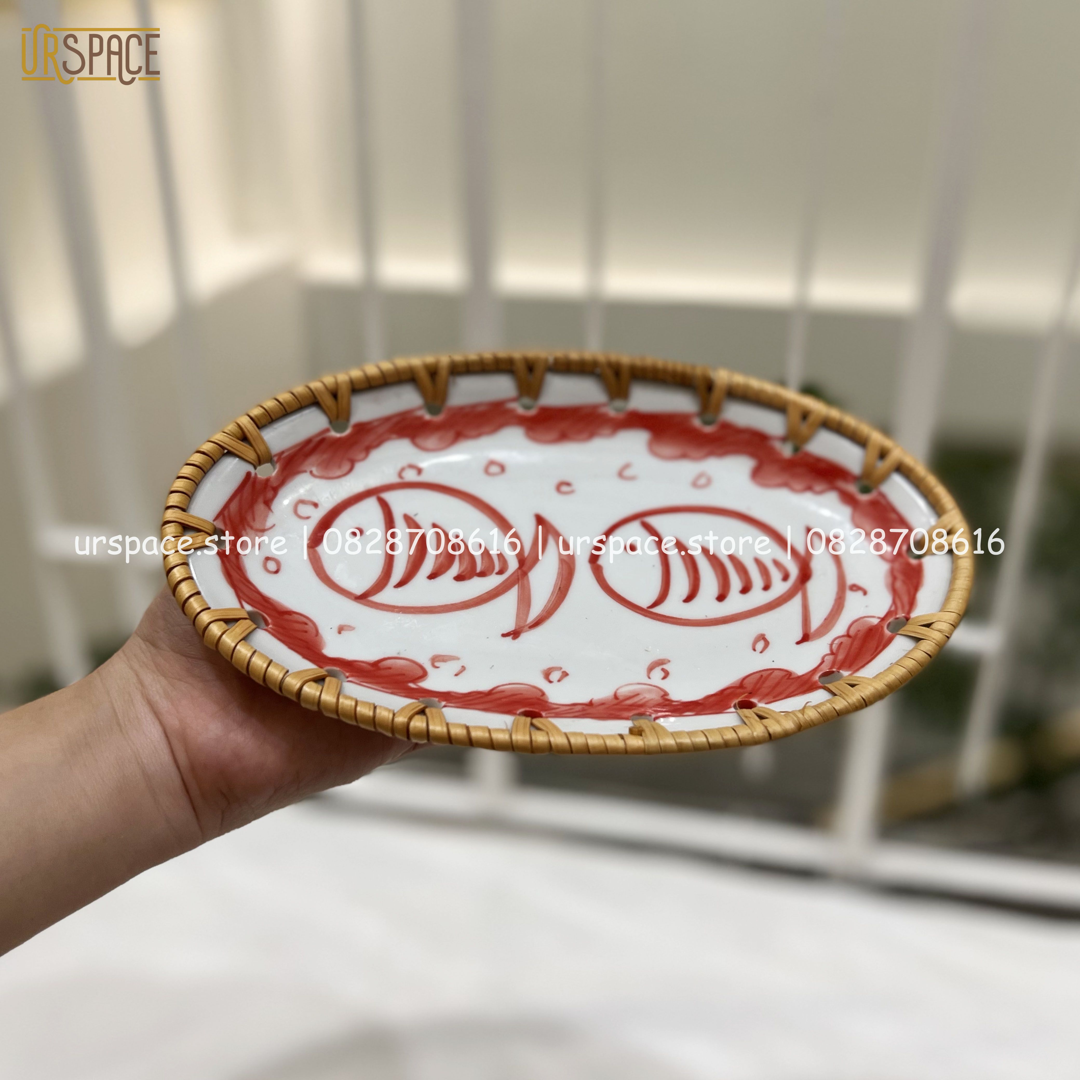 Đĩa Sứ Đan Mây Hình Oval, Đĩa Đựng Bánh Ngọt Trái Cây/ Woven Rattan Ceramic Storage Plate For Home Decoration