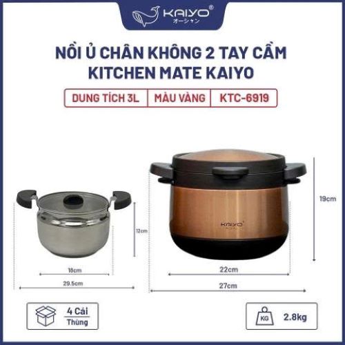 Nồi ủ chân không 2 tay cầm Kitchen Mate Kaiyo, dung tích 3L, màu vàng [mã KTC-6919] Hàng chính hãng