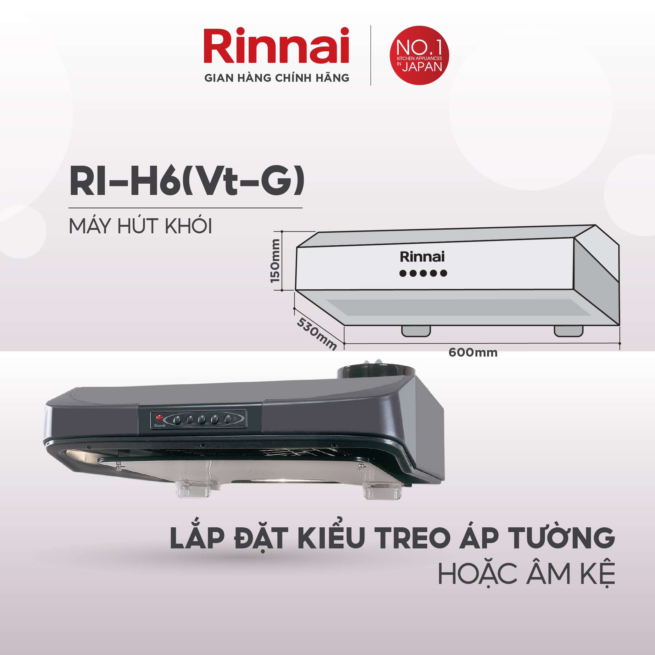 Máy hút mùi 60cm Rinnai RI-H6(Vt-G) ống thoát