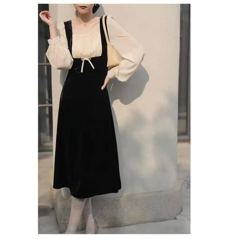 Đầm midi phối cổ và tay oganza