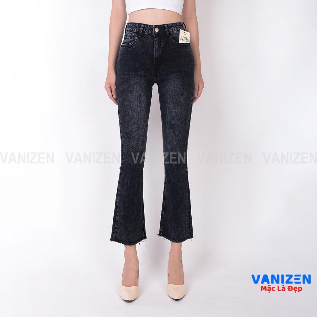 Quần jean nữ ống loe đẹp lưng cao cạp cao xước nhẹ xám khói hàng hiệu cao cấp mã 451 VANIZEN