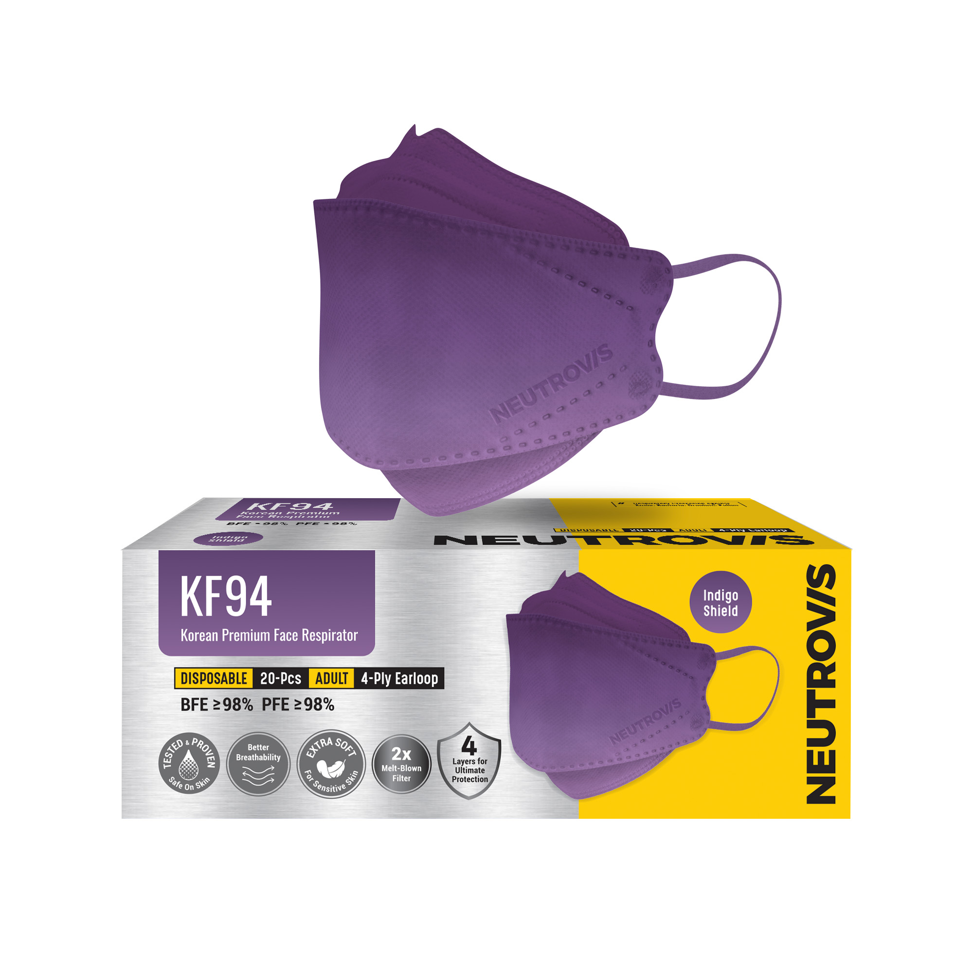 Khẩu Trang Cao Cấp Kháng Khuẩn 4 Lớp KF94 Neutrovis - Tím
