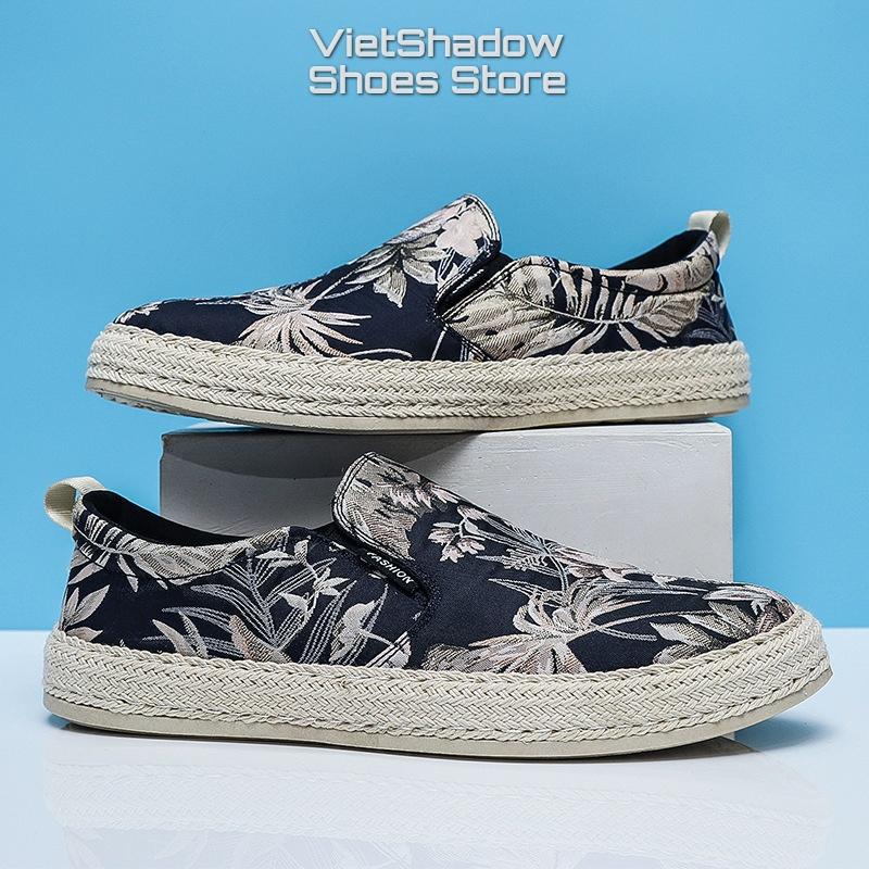 Slip on - Giày lười vải nam - Chất liệu lụa tơ tằm hoa văn dệt nổi, bo viền cói nổi bật cá tính - Mã SP E008