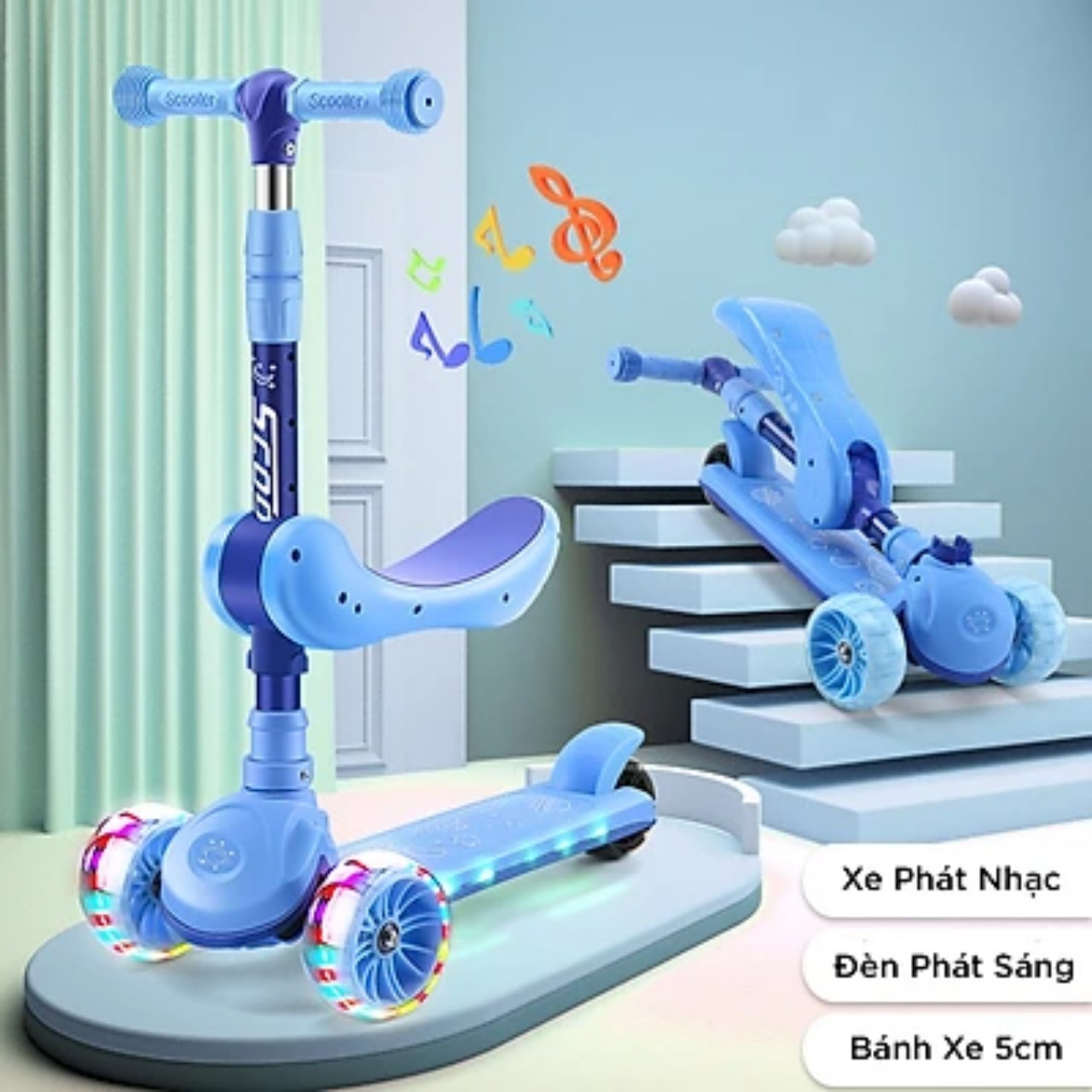 Xe Trượt Scooter MINIIN Xe Chòi Chân Có Nhạc Và Đèn 3in1.Bánh Phát Sáng Cho Bé Từ 2 - 8 Tuổi Tải Trọng Lên Đến 80 kg, Đồ Chơi Hoạt Động Ngoài Trời Cho Bé- Hàng Chính Hãng