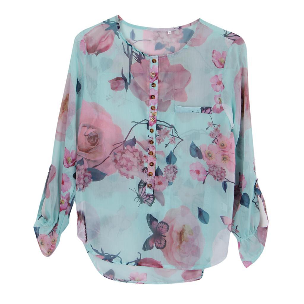 Fashion Bohemian Women’s Long Sleeves Butterfly Floral Print Chiffon Shirt Button Tops Blouse Plus Size