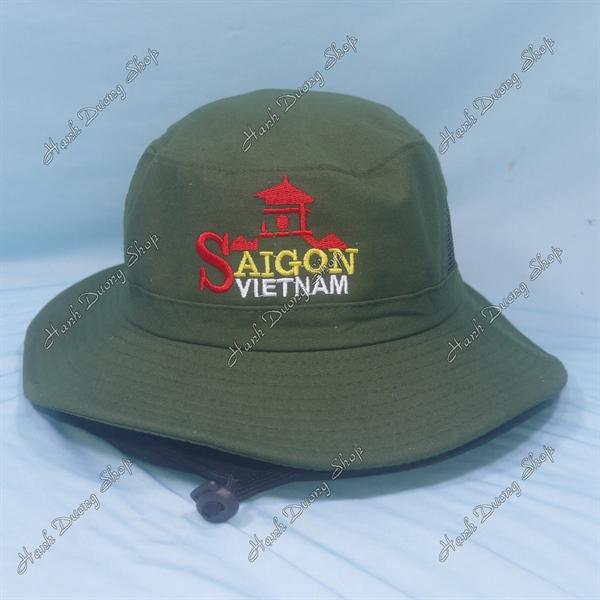Nón tai bèo nón lính nam thêu chữ Sài Gòn Việt Nam, có lỗ thông gió bên hông nón - Rêu Đậm
