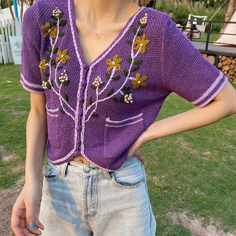 Áo cardigan dệt kim tay ngắn cổ chữ V hoạ tiết hoa thêu phong cách retro dành cho nữ